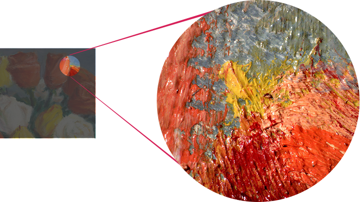 從右上角的紅玫瑰邊緣仍可看到被覆蓋的黃玫瑰顏料露出