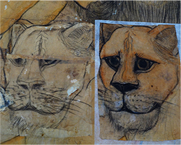 獅頭處補紙（右）與補紙前圖像（左）